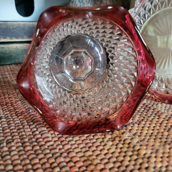 2pc Indiana Glass Ruby Flash Diamond Point~Dish & Footed Bowl - Picture 3 of 10